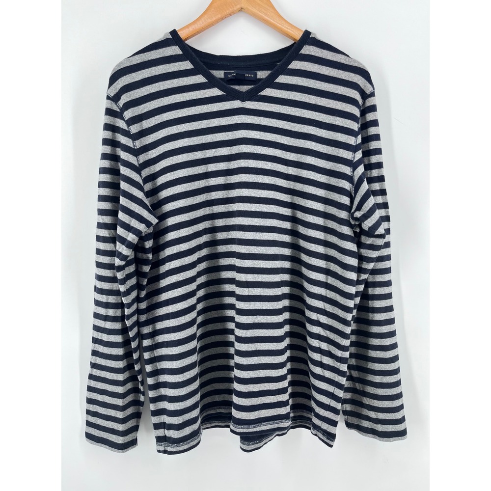 Banana Republic Mens V-Neck Long Sleeve Striped Tee Navy Gray L Fall Grannycore